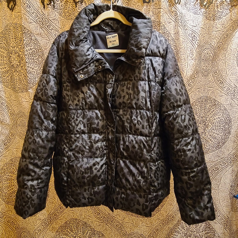 Old Navy Puffer Jacket Womens XXL Gray Black Leopard Print Used Quilted Fleece